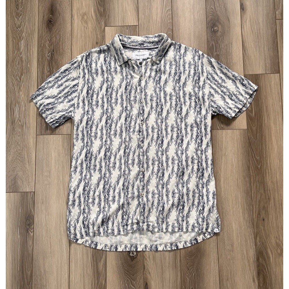 Precedent Short Sleeve Woven Camp Sun Ray Button Down Shirt Men Sz L White/Navy